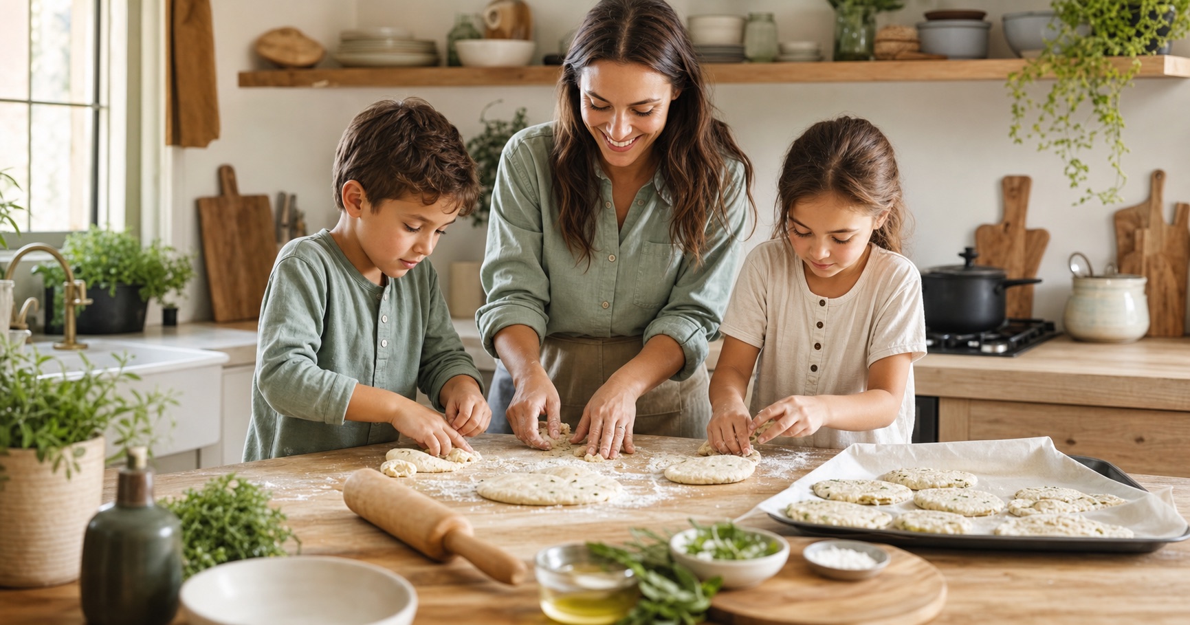 Children and an adult preparing dough together at a kitchen island