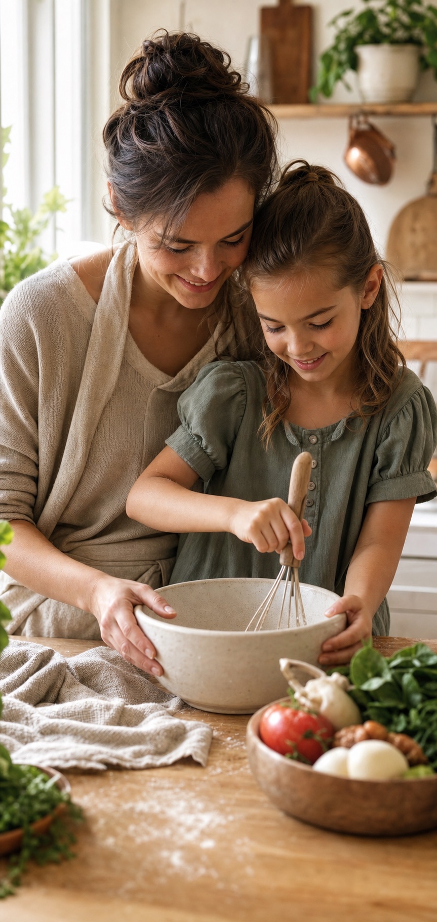 A parent guiding a child while mixing ingredients in a warm kitchen